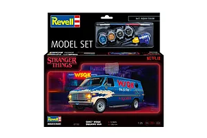Revell 1/25 scale GMC WSQK Squawk Stranger Things model van starter kit box, featuring paints, glue, and a paintbrush.