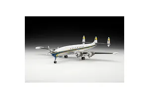 A fully assembled and painted 1/144 scale Revell Lockheed L.1049G Super Constellation model aircraft in Lufthansa livery, shown on a white surface.