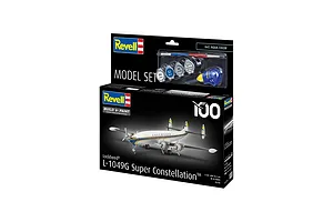 Revell 1/144 scale Lockheed L.1049G Super Constellation model aircraft starter kit box, including paints, brush, and glue.