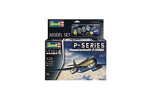 Revell 1/72 scale Messerschmitt P.1099A model kit box featuring artwork of the aircraft in flight, including paint pots, glue, and a brush.