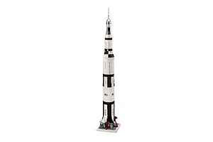 A fully assembled 1/96 scale plastic model of the Apollo 11 Saturn V rocket standing vertically on a display base against a white background.