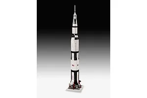 A fully assembled 1/96 scale plastic model of the Apollo 11 Saturn V rocket standing vertically on a display base against a gradient background.