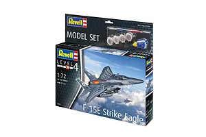 Revell 1/72 scale F-15E Strike Eagle model kit box featuring a painted aircraft in flight, including paint pots, glue, and a brush.