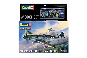 Revell 1/32 scale Messerschmitt Bf 109G-10 Erla model kit box showing the aircraft in flight, including paint, brush, and glue.