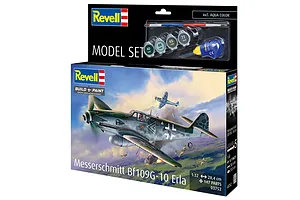 Revell 1/32 scale Messerschmitt Bf 109G-10 Erla model kit box, featuring box art of the aircraft in flight and included paints and glue.