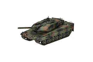 A high-angle studio shot of a fully assembled and painted 1/35 scale Leopard 2 A6A2 tank model featuring a camouflage pattern.