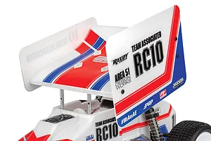 Close-up of the large white, red, and blue rear wing on a Team Associated RC10 Sprint RC car, featuring branding decals.