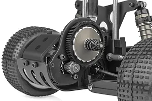 Close-up of the gear assembly and slipper clutch on a Team Associated RC10 Sprint RC car chassis.