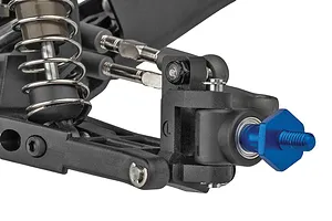 Close-up of the front left suspension assembly of a Team Associated RC10 Sprint RC car, featuring a blue anodized wheel hex and black plastic components.