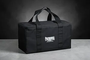 A black Pandora RC branded track bag with carrying handles, set against a dark grey studio background.