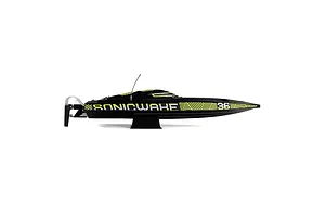 Side profile of a black Pro Boat Sonicwake V3 36 inch RC speed boat with yellow graphics on a white background.
