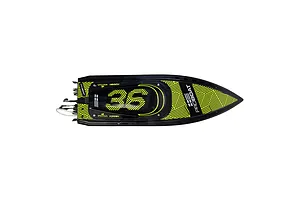 Top-down view of the Pro Boat Sonicwake V3 36 inch RC speed boat in black with neon yellow geometric patterns and branding.