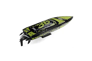 A high-angle studio shot of the Pro Boat Sonicwake V3 RC speed boat in black with yellow geometric patterns.