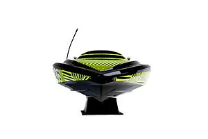 Front view of the Pro Boat Sonicwake V3 RC speed boat in black and neon yellow on a display stand.