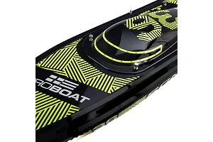 Close-up of the black and neon yellow deck of a Pro Boat Sonicwake V3 RC boat, showing the hatch and branded graphics.