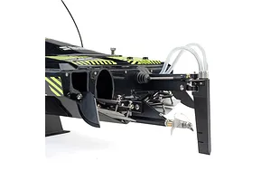 Close-up of the stern of a Pro Boat Sonicwake V3 RC boat, showing the rudder, propeller, trim tabs, and cooling tubes against a white background.