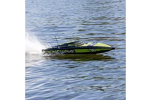 Pro Boat Sonicwake V3 RC speed boat in black and neon yellow speeding across the water, creating a wake.