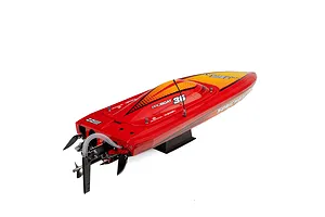 Rear-quarter view of the red Pro Boat Sonicwake V3 36-inch RC speed boat on a black display stand against a white background.