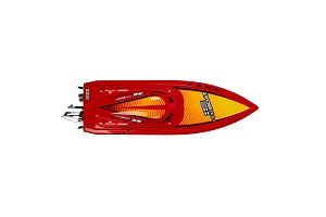 Top-down view of a red Pro Boat Sonicwake V3 36-inch RC speed boat with yellow and orange graphics on a white background.