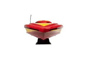 Front view of a red and yellow Pro Boat Sonicwake V3 RC speed boat on a black display stand against a white background.
