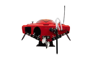 Rear view of the Pro Boat Sonicwake V3 RC speed boat showing the propeller, rudder, trim tabs, and cooling tubes on a white background.