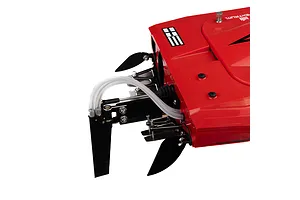 Close-up of the rear transom and rudder assembly of a red Pro Boat Sonicwake V3 RC speed boat against a white background.