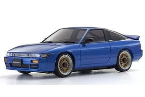 A blue Kyosho Mini-Z Nissan Sileighty RC drift car with gold mesh wheels, shown from a front three-quarter angle against a white background.