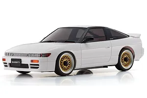 Kyosho Mini-Z MA-020 Nissan Sileighty RC drift car in white with gold mesh wheels, shown from a front three-quarter angle on a white background.