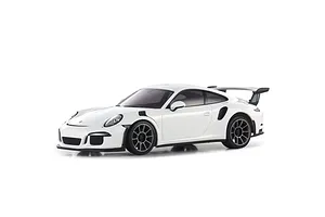 A white Kyosho Mini-Z MR-04 Porsche 911 GT3 RS RC car viewed from the front three-quarter angle against a white background.
