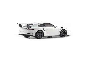 Rear three-quarter view of a white Kyosho Mini-Z Porsche 911 GT3 RS RC car on a white background.