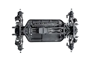 Top-down view of an LRP S10 Blast BX3 RC buggy chassis showing the black plastic frame, suspension arms, and shock absorbers on a white background.