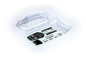 Clear polycarbonate RC buggy body shell, rear wing, and decal sheet for LRP Antix S10 Blast BX3 on a white background.