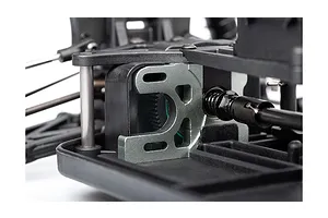 Close-up of the motor mount and drivetrain area on an LRP S10 Blast RC buggy chassis.