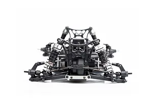 Front view of an LRP Antix S10 Blast BX3 RC buggy chassis showing suspension arms, shocks, and drivetrain components on a white background.