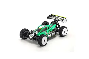 Kyosho Inferno MP10e 1/8 scale electric RC buggy in green and black with white wheels, viewed from a high angle against a white background.