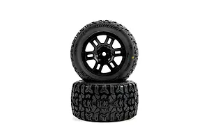 Pro-Line 1/16 Racing Jaeger MT Tyres on Black Split Six Rims - Glued Wheels 2Pcs