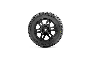 A single Pro-Line 1/16 scale Jaeger MT monster truck tyre mounted on a black six-spoke wheel against a white background.