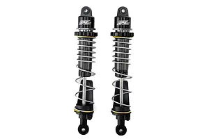 Two Pro-Line PowerStroke black aluminium rear RC shock absorbers standing vertically against a white background.