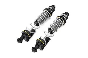 Two Pro-Line PowerStroke black aluminium rear RC shock absorbers with silver springs on a white background.