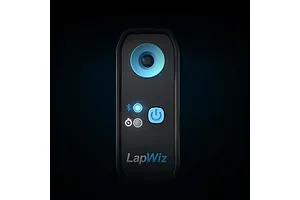 Front view of the SkyRC LapWiz smart lap timing device featuring a black casing, blue buttons, and status indicators against a dark background.