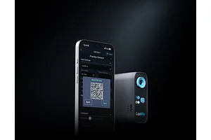A smartphone displaying the LapWiz app race settings and a QR code next to the SkyRC LapWiz timing device on a dark background.