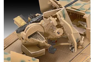 Close-up of the Flak 43 anti-aircraft gun mounted on a 1/72 scale sWS plastic model vehicle, showing detailed gun mechanism, ammunition feed, and camouflage paint.