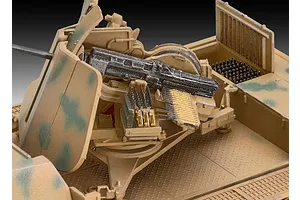 Close-up of a 1/72 scale model Flak 43 anti-aircraft gun mounted on a vehicle, featuring detailed ammunition belts and camouflage paint.