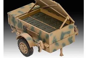 A 1/72 scale plastic model of a German Sd.Ah58 ammunition trailer with a camouflage paint scheme and open lid showing ammunition crates.