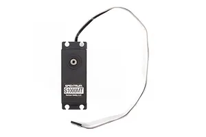 Spektrum S1000MT metal geared servo with black plastic casing and attached three-wire lead on a white background.