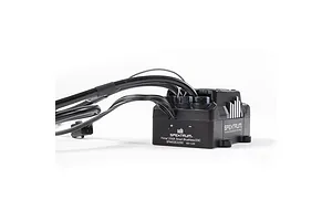 Spektrum Firma 250A Smart Brushless ESC unit with attached black wiring and connectors on a white background.