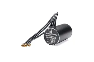Spektrum Firma 560Kv brushless motor with three black wires and gold-plated bullet connectors against a white background.