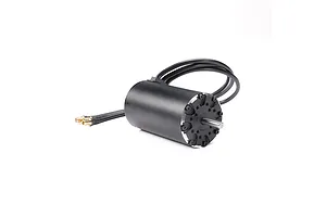 A black Spektrum Firma brushless motor with a silver output shaft and three black power wires ending in gold bullet connectors.