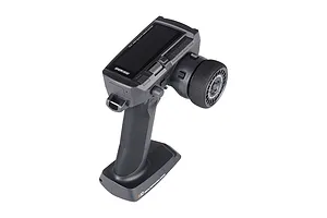 Sense Innovations S10 10-channel RC transmitter in black, featuring a steering wheel, LCD screen, and ergonomic pistol-grip handle.