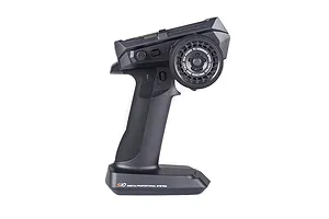 Sense Innovations S10 10-channel RC transmitter in black, featuring a steering wheel and various adjustment knobs on a white background.